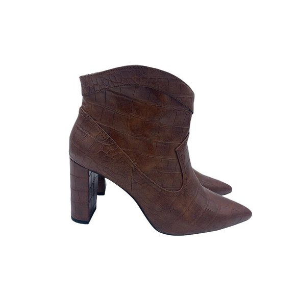 Mango Size 38 (US 7.5) Brown Faux Leather Pointed Toe Block Heel Booties - Picture 3 of 10